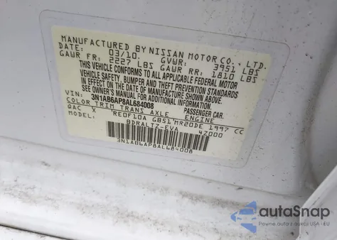 2010 Nissan Sentra 2.0Sr из США, поврежденный, VIN 3N1AB6AP8AL684008